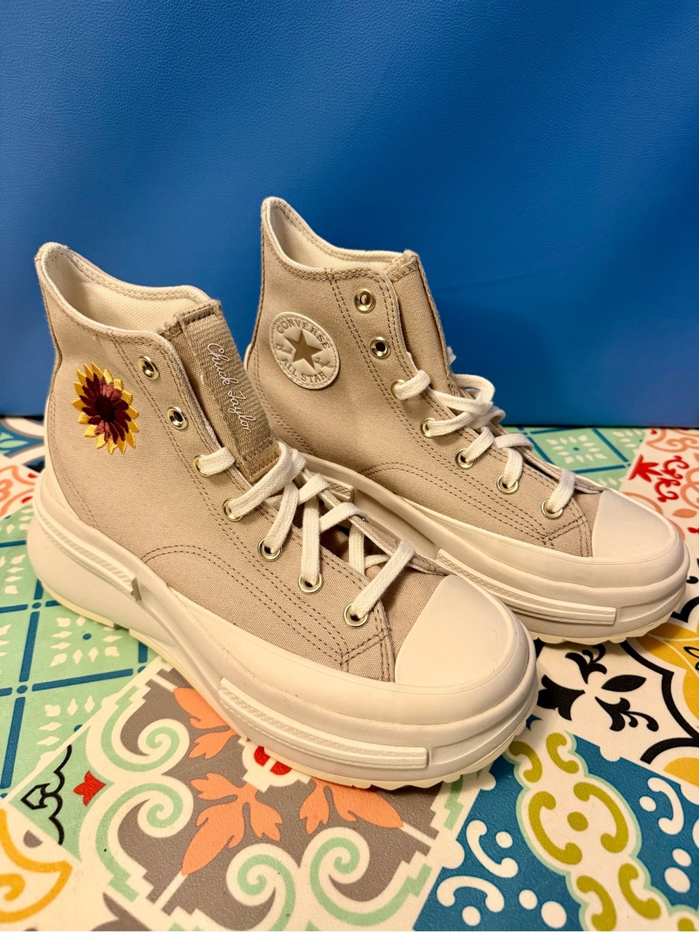 Converse Beige High-Top Platform Sneakers with Sunflower Patch